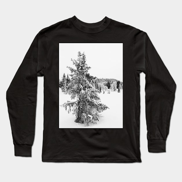 Black and White Shot of Snow-Covered Fir Tree in Frozen Winter Landscape Long Sleeve T-Shirt by visualspectrum